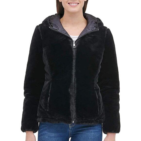 Andrew Marc Ultra Soft Black Granite Reversible Puffer Jacket Hooded Women's XL - Picture 3 of 15